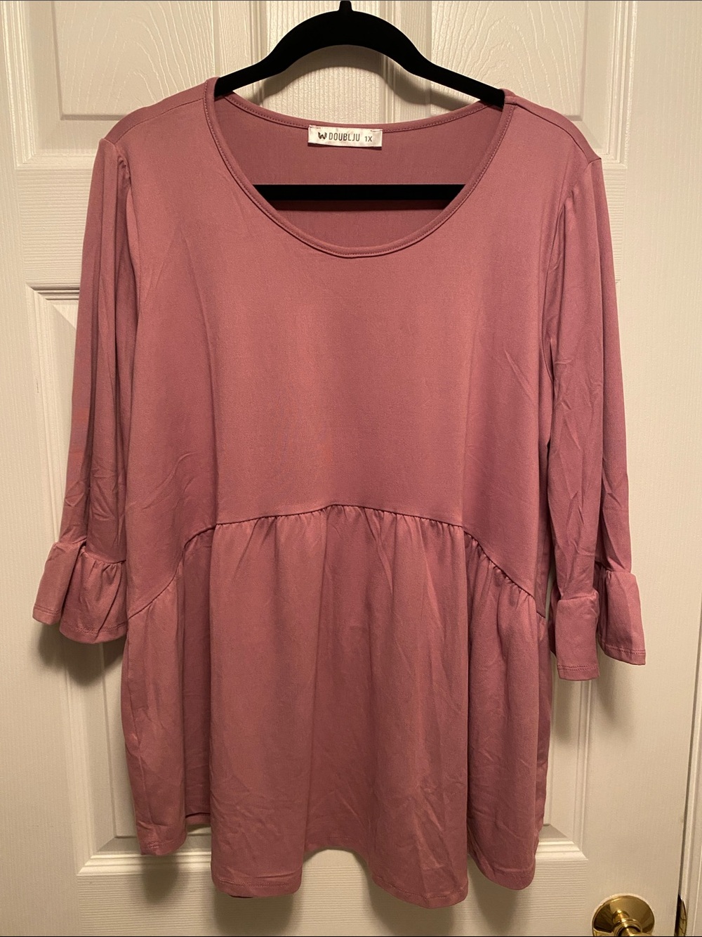 Doublju Scoop Neck Ruffle 3/4 Length Sleeve Top…